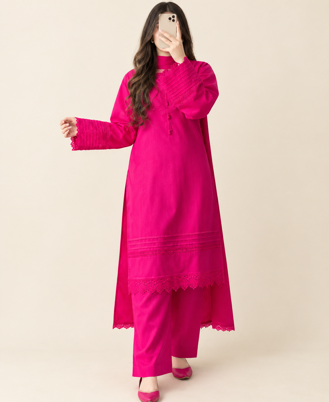 Deep Pink Embroidered 3-Piece Lawn Suit with Georgette Dupatta