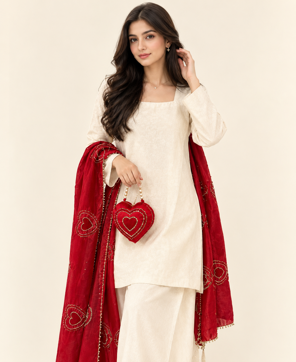 Red Embroidered Dupatta & Heart-Shaped Bag Set