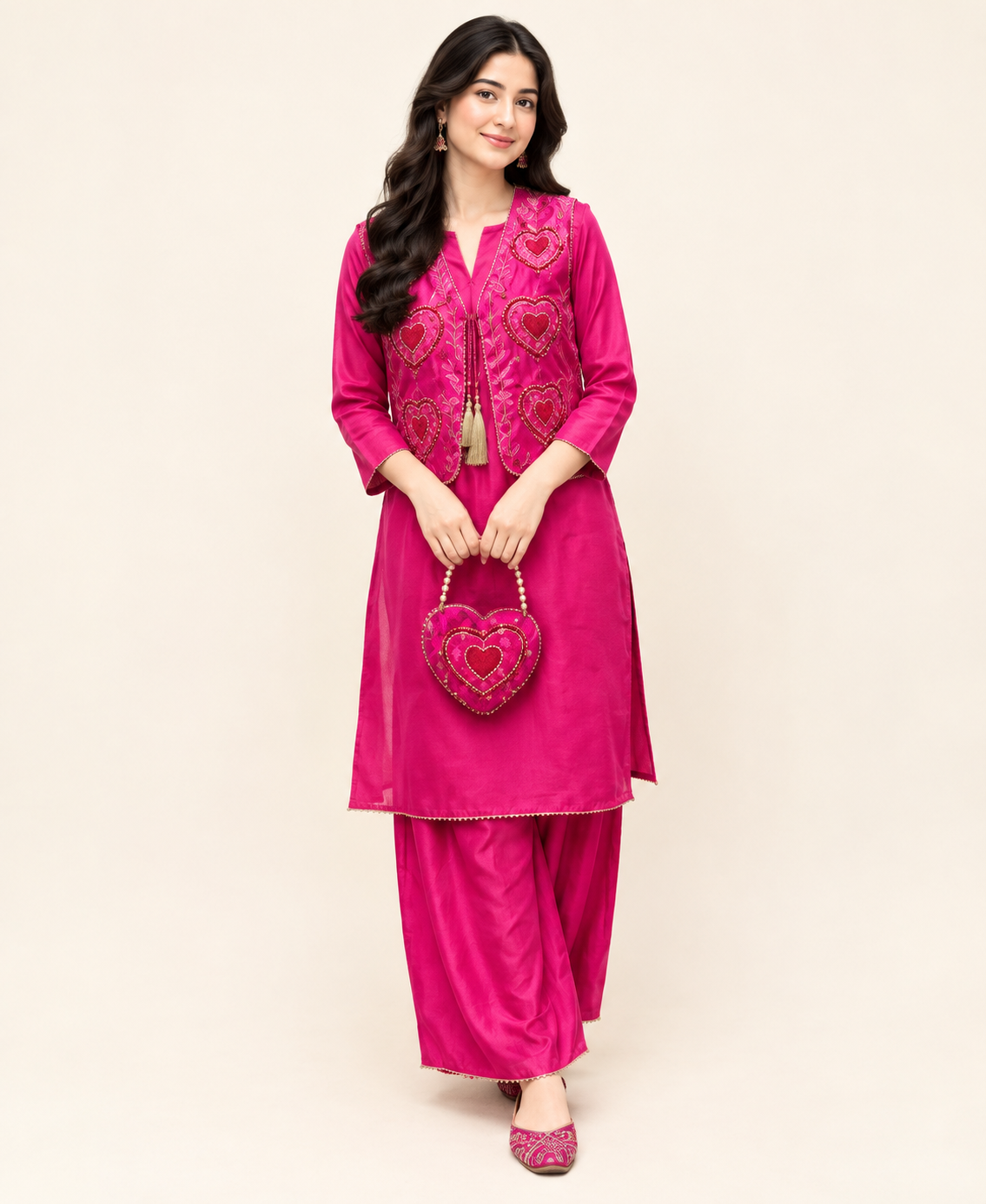 Heart Embroidered Raw Silk 2-Piece Suit with Koti & Matching Potli Bag