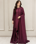 Maroon Silk 3-Piece Suit with Organza Dupatta & Farshi Shalwar