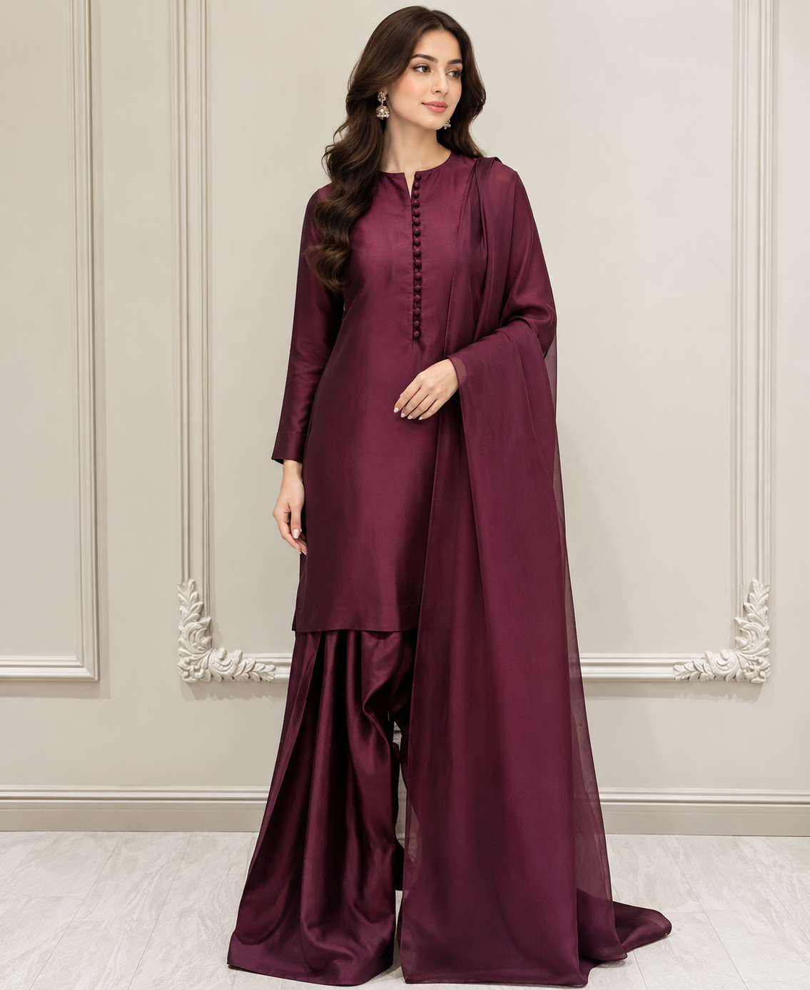 Maroon Silk 3-Piece Suit with Organza Dupatta & Farshi Shalwar