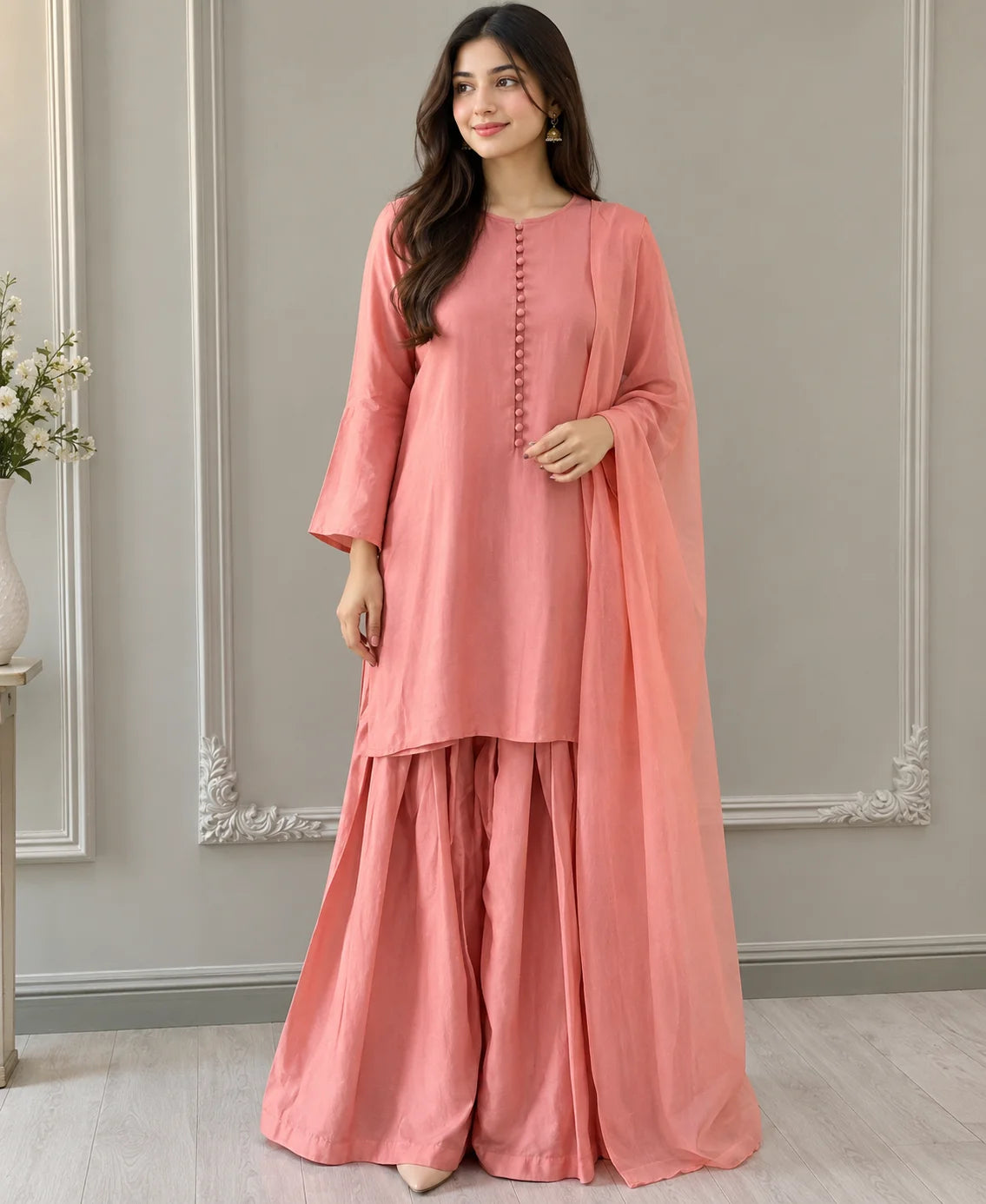 Peach Silk Farshi Shalwar 3-Piece Suit with Organza Dupatta