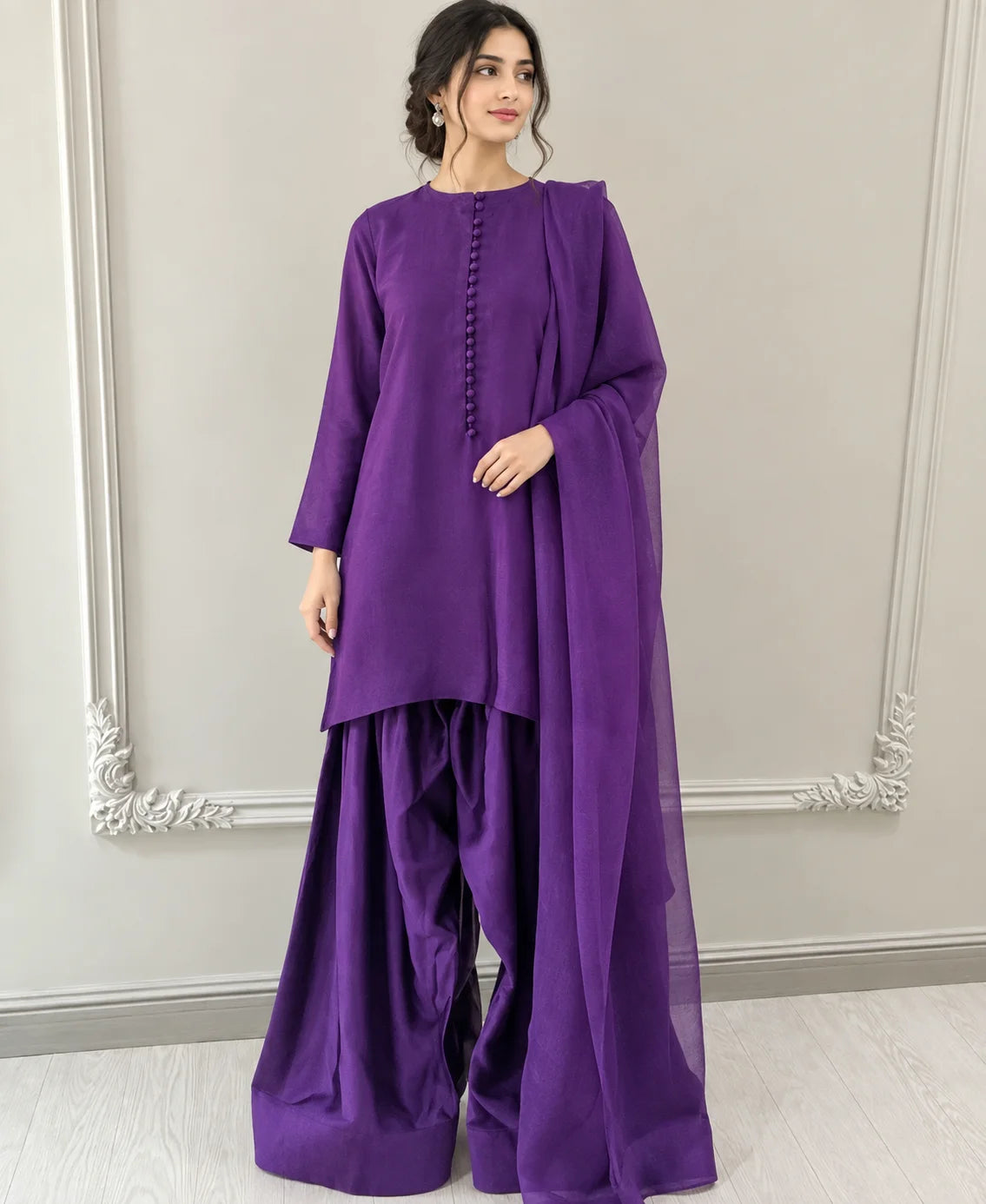 Royal Purple Silk Farshi Shalwar 3-Piece Suit with Organza Dupatta