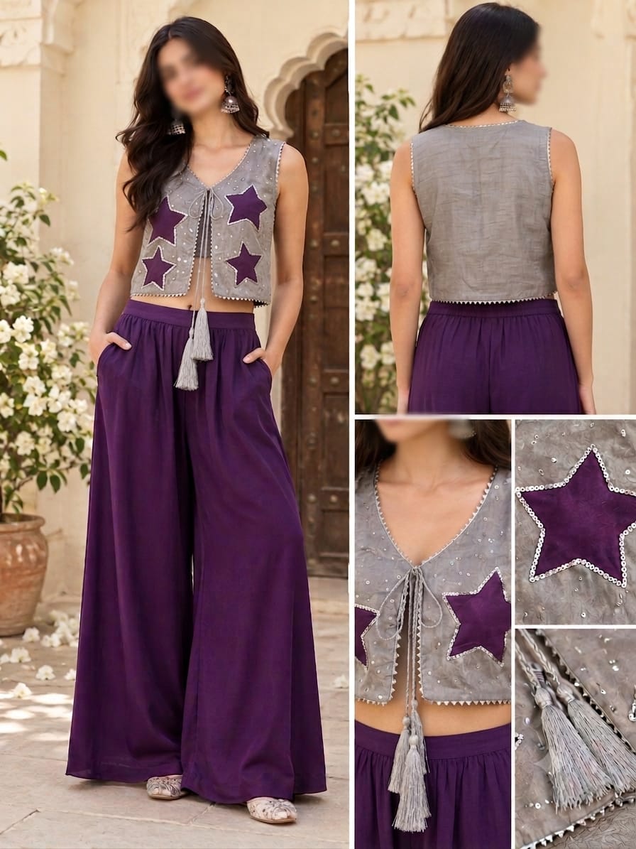 Purple Silk Wide-Leg Trousers