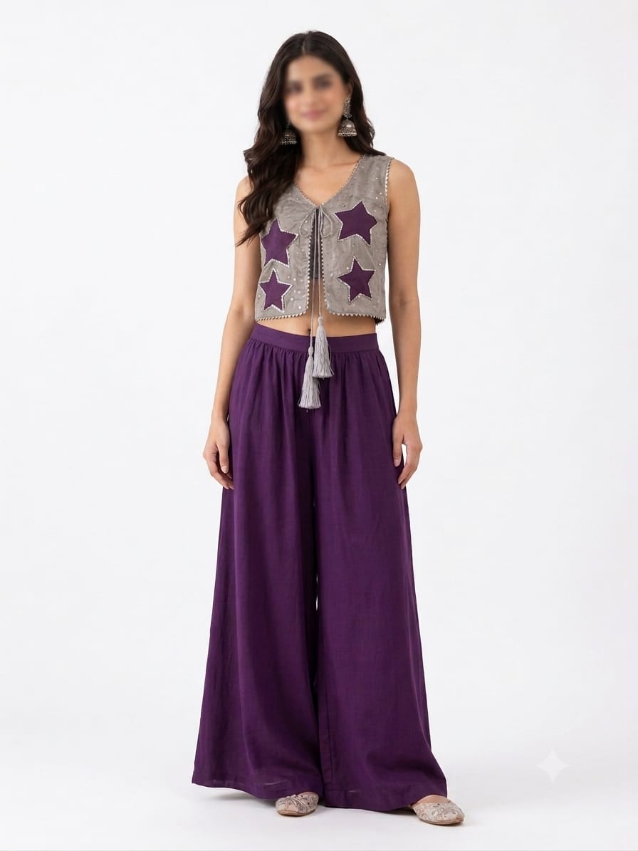 Purple Silk Wide-Leg Trousers